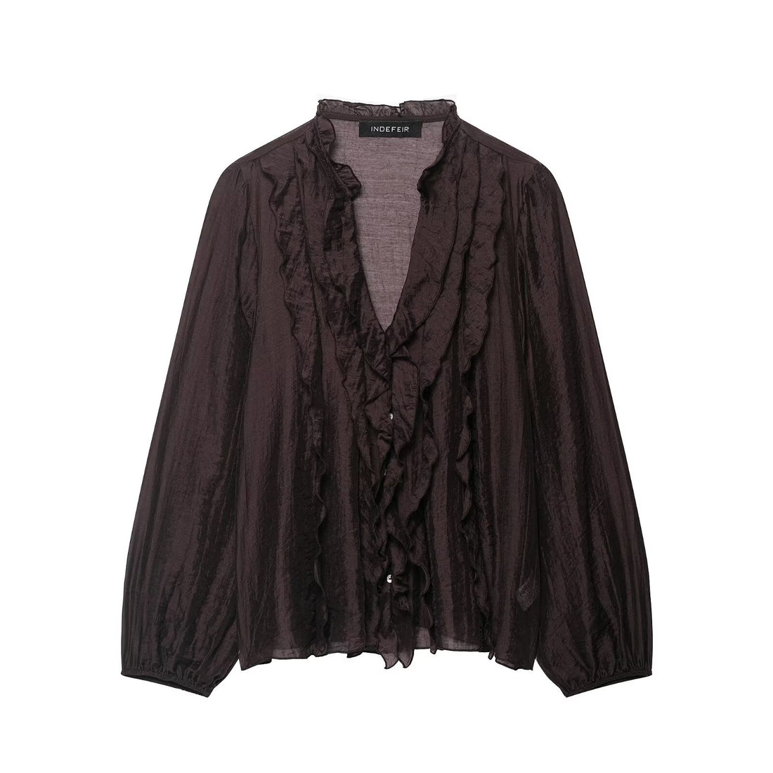 Damen Leichte Chiffon-Bluse mit Volantknopfleiste und Ballonärmeln Echo Archiv
