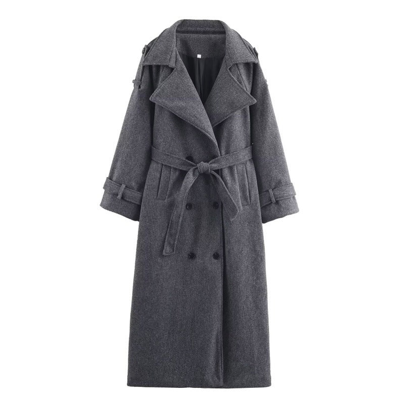 Damen langer doppeltreihiger Wollmix-Trenchcoat mit Gürtel und breitem Revers Echo Archiv