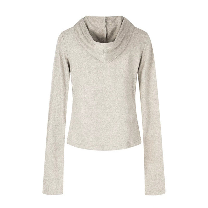 Damen Leichtes Kapuzen-Langarmshirt mit Henley-Knopfleiste und aufgesetzten Brusttaschen Echoarchiv