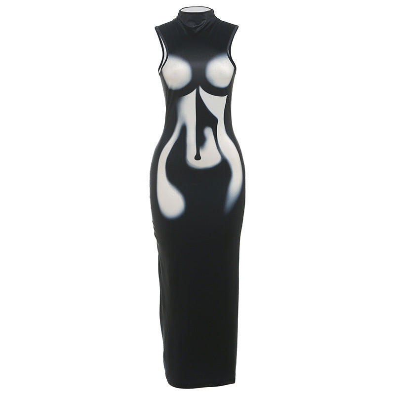 Damen Elegantes, figurbetontes Abendkleid mit hohem Kragen und transparentem Stoff Echo Archiv