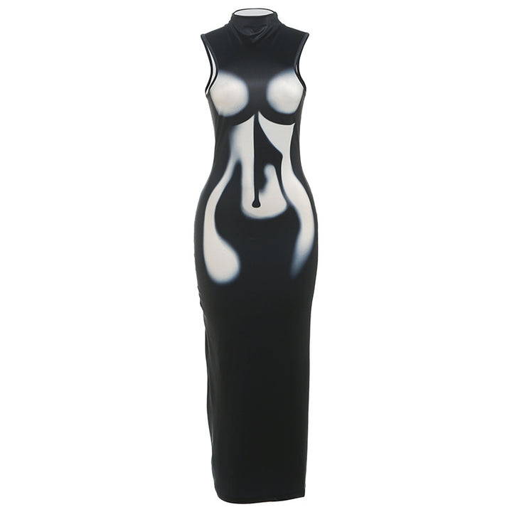 Damen Elegantes, figurbetontes Abendkleid mit hohem Kragen und transparentem Stoff Echo Archiv