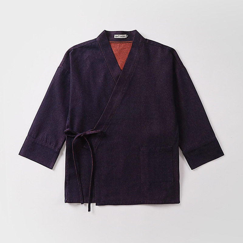 Unisex Leichte Wickel-Kimono-Jacke aus Leinen-Baumwollmix mit Kontrastbesatz und Bindegürtel Echoarchiv