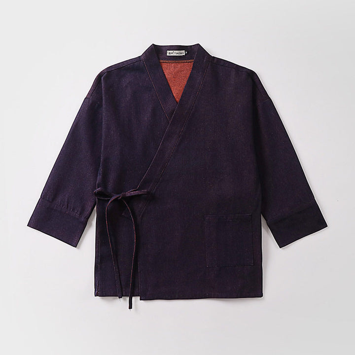 Unisex Leichte Wickel-Kimono-Jacke aus Leinen-Baumwollmix mit Kontrastbesatz und Bindegürtel Echoarchiv