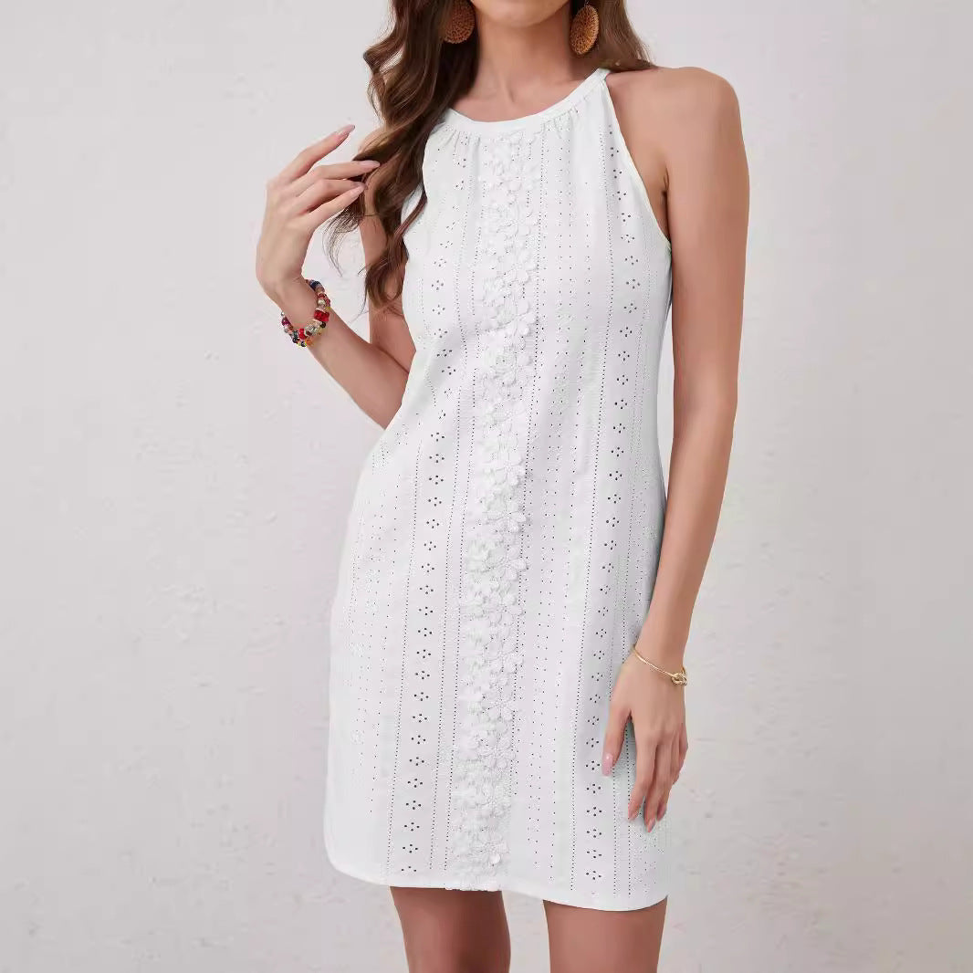 Damen nan ärmelloses Minikleid mit Neckholder, Lochstickerei und floraler Häkelapplikation Echo Archiv