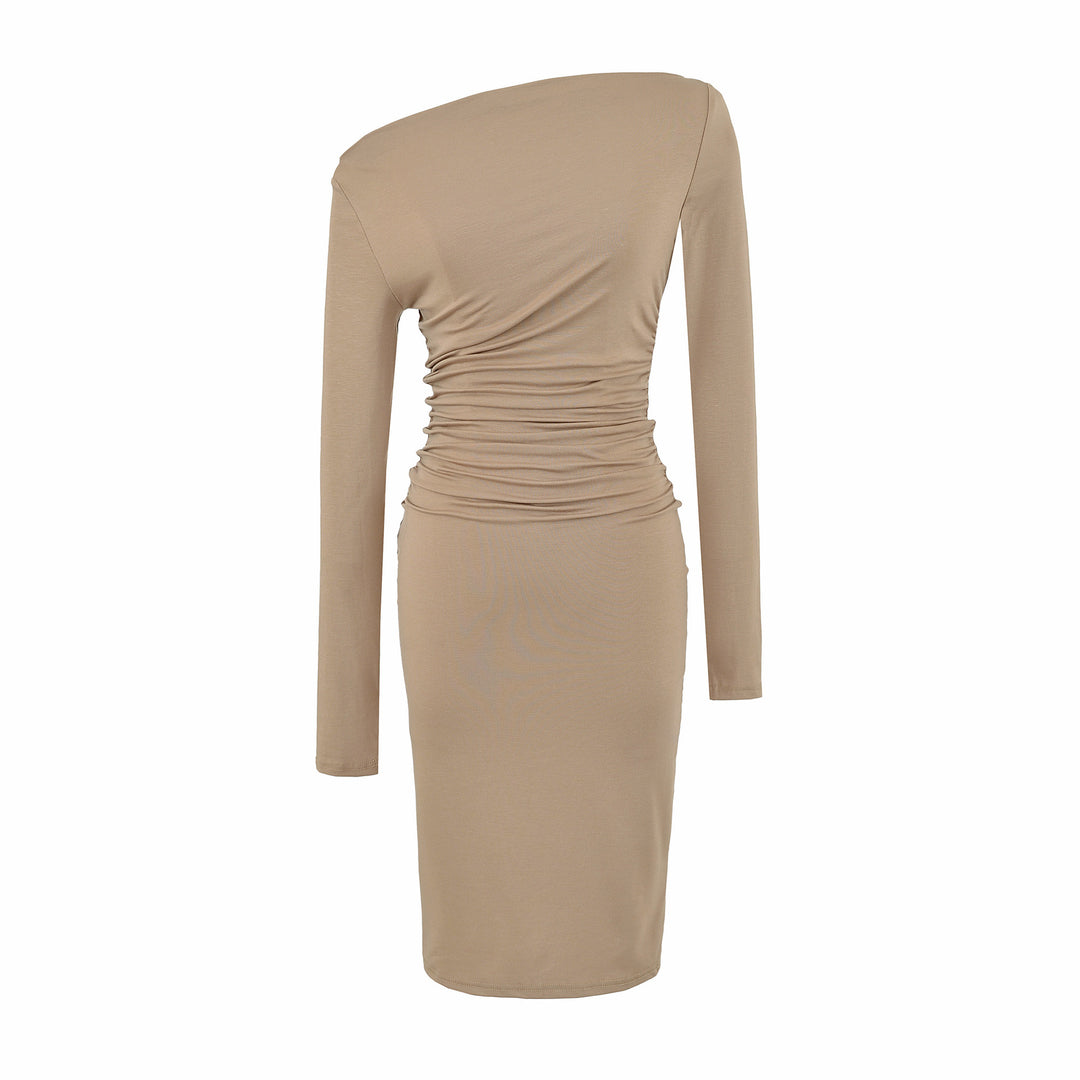 Damen Asymmetrisches Ein-Schulter-Midikleid mit Raffung und Langarm Echoarchiv
