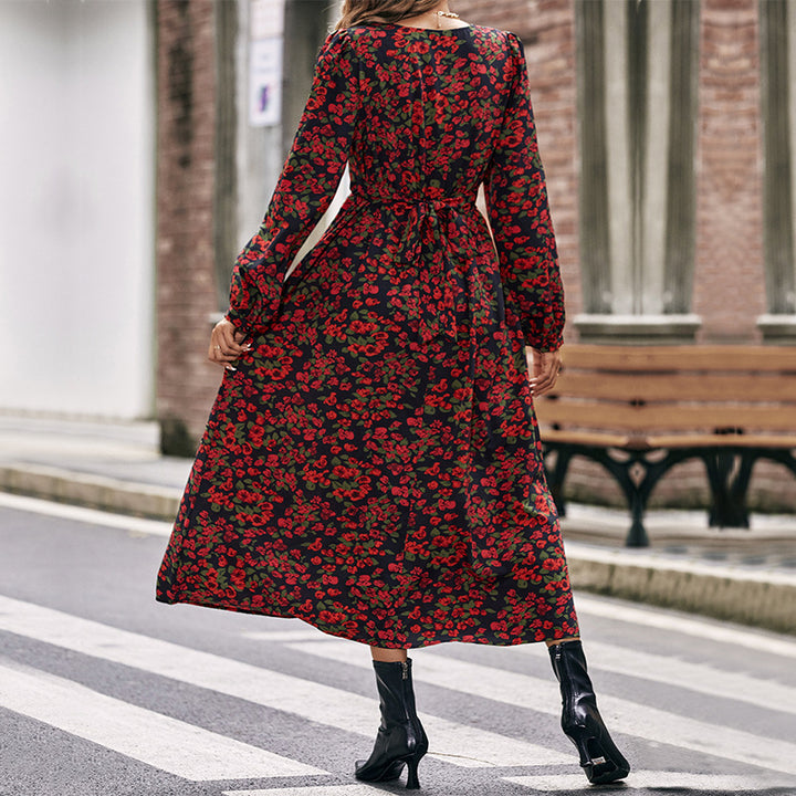 Damen Langes florales Maxikleid mit V-Ausschnitt, gerafftem Smokbund und fließendem A‑Linien‑Rock Echoarchiv