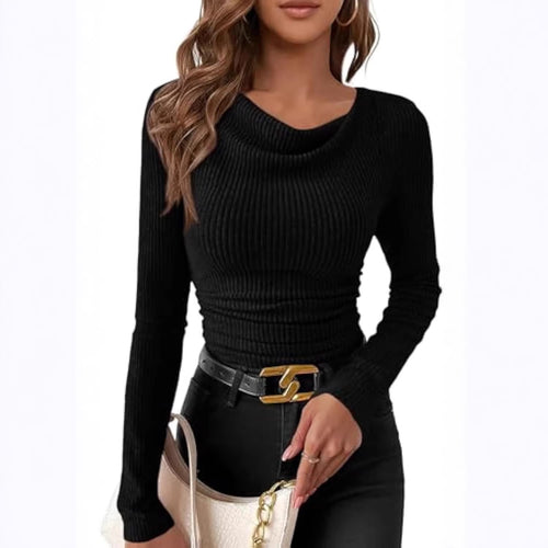 Damen Figurbetontes Feinripp-Longsleeve mit asymmetrischem Wasserfallkragen – Avérine