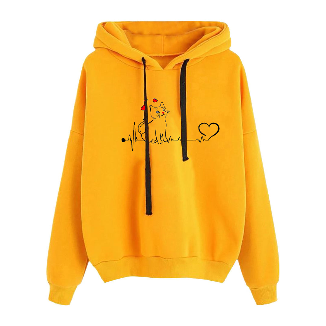Damen leichter Oversize Kapuzenpullover mit Herz‑EKG‑Motiv, langen Kordeln und elastischem Bund – Auréline