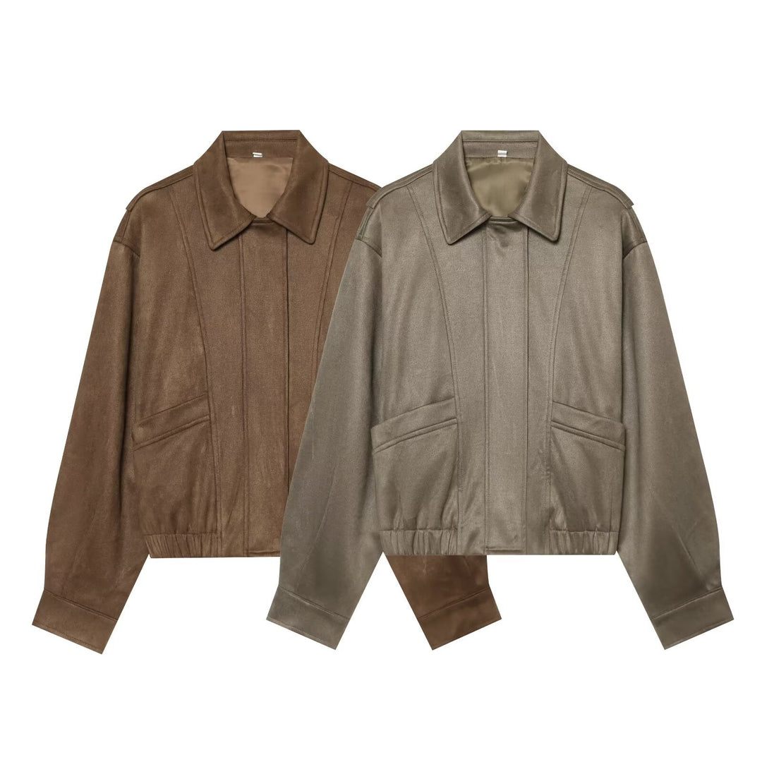 Damen Kurzer Boxy‑Blouson in Velourslederoptik mit Pattentaschen Echo Archiv