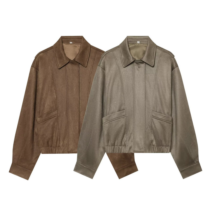 Damen Kurzer Boxy‑Blouson in Velourslederoptik mit Pattentaschen Echo Archiv