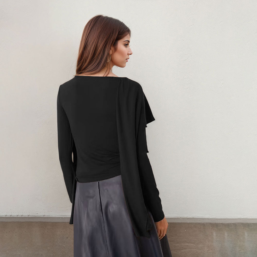 Damen asymmetrisches Cape-Longsleeve mit hohem Kragen und fließendem Overlay – Avérine