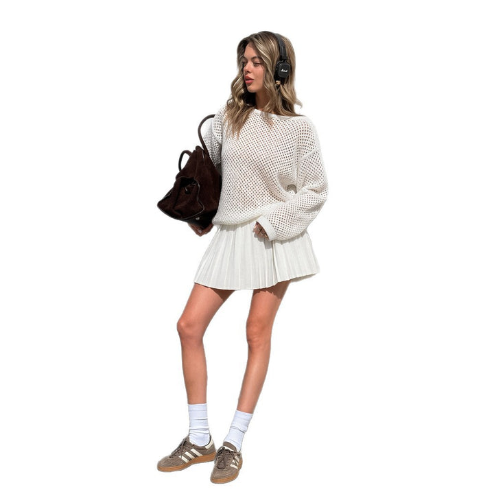 Damen oversized Netzstrickpullover mit plissiertem Minirock-Set – Élanora