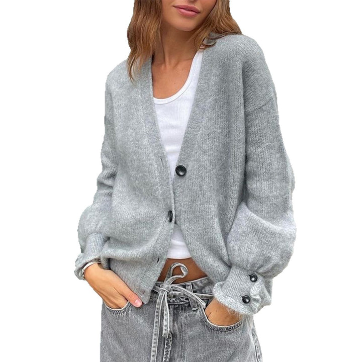 Damen lässige Strickjacke mit tiefem V-Ausschnitt, aufgesetzten Knopfleisten und Ballonärmeln – Veloura