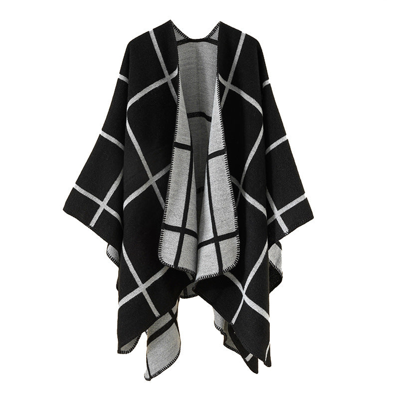 Damen Offener Wollmix-Poncho im Cape‑Stil mit dezentem Karomuster – Avérine