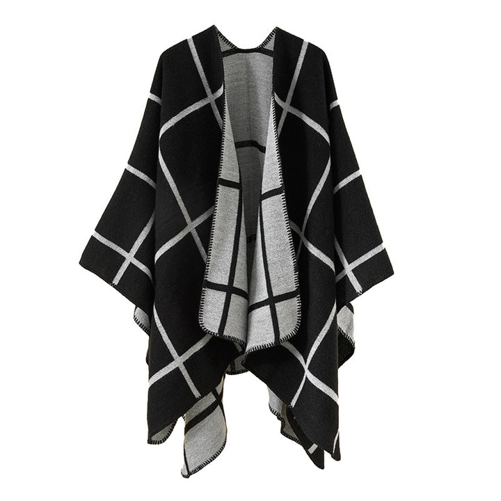 Damen Offener Wollmix-Poncho im Cape‑Stil mit dezentem Karomuster – Avérine