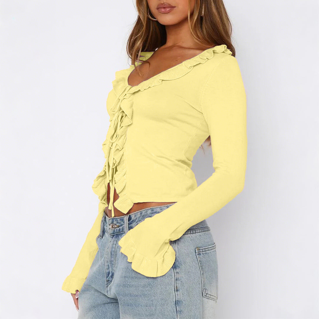 Damen nan tailliertes Rüschen-Feinstrick-Cardigan mit Bindeband, V-Ausschnitt und Volantärmeln Echo Archiv