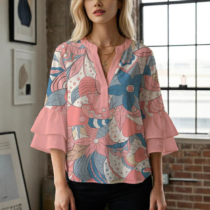 Damen elegantes Oberteil mit voluminösen Rüschensäumen und floralem Design Echo Archiv