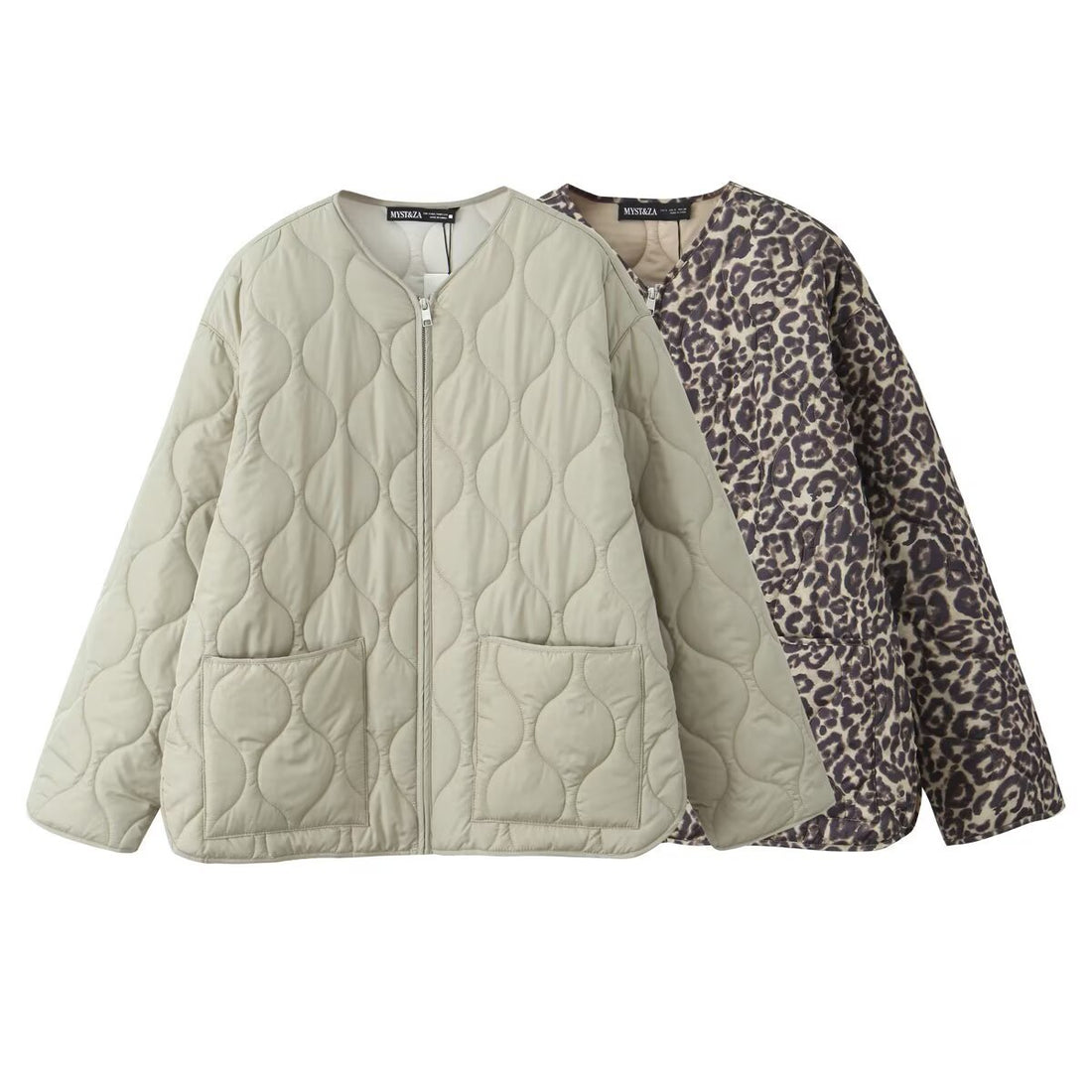 Damen gesteppte Oversize-Quiltjacke mit Rundhalsausschnitt, durchgehendem Reißverschluss und zwei aufgesetzten Taschen – Célinea