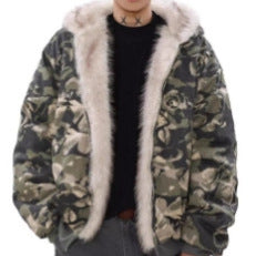 Herren Warmer gefütterter Camouflage-Bomber mit Kapuze und Kunstfellbesatz Echoarchiv