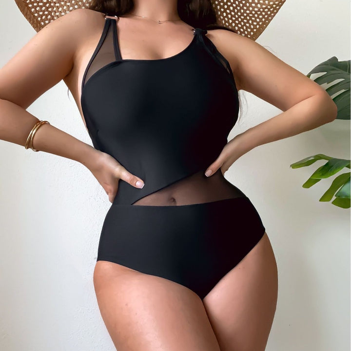 Damen Einteiliger Badeanzug mit transparenten Einsätzen und asymmetrischem Design Echo Archiv