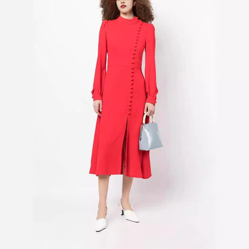 Damen Midikleid im Vintage‑Look mit hochgeschlossenem Kragen, asymmetrischer Zierknopfleiste und Frontschlitz Echoarchiv