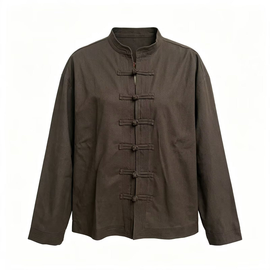 Damen Locker geschnittene Bluse im Mandarin‑Look mit Knotenknöpfen Echo Archiv