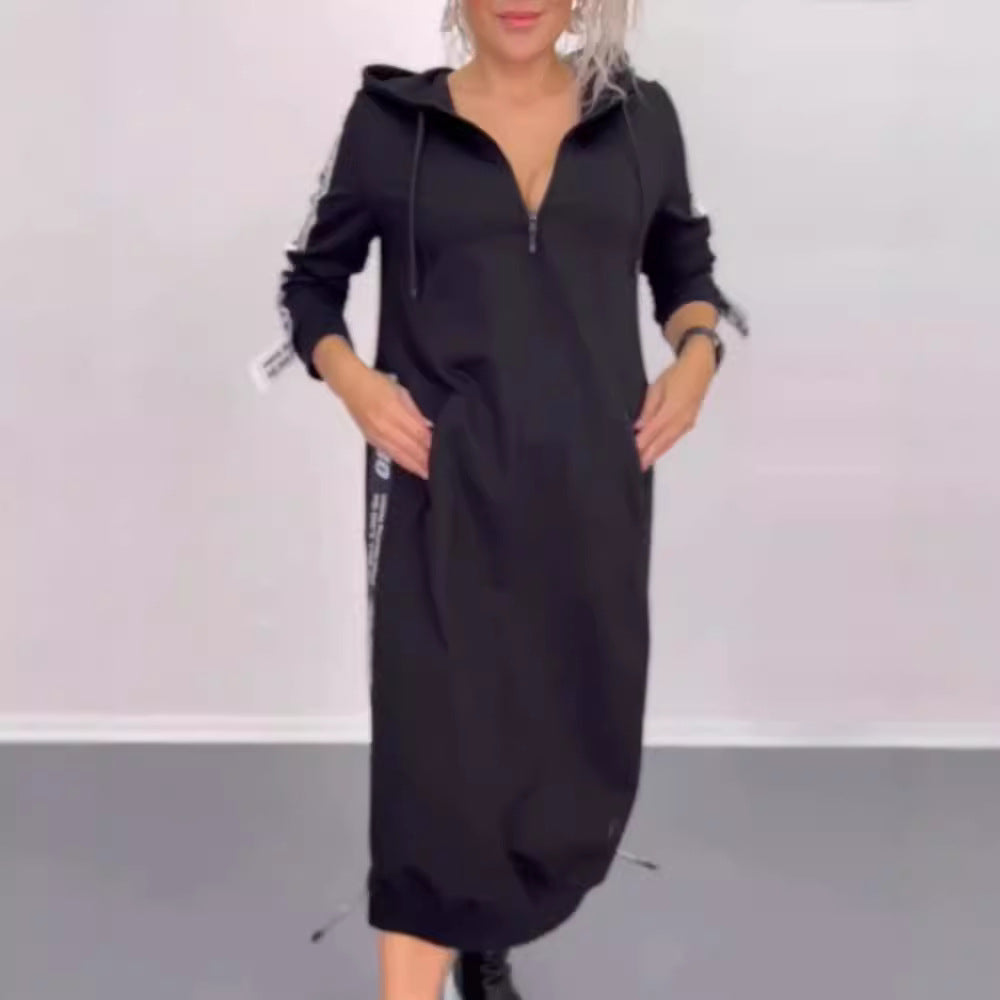 Damen nan knöchellanges Kapuzen-Sweatkleid mit Halbzip, Kängurutaschen und seitlicher Zierpaspel Echo Archiv