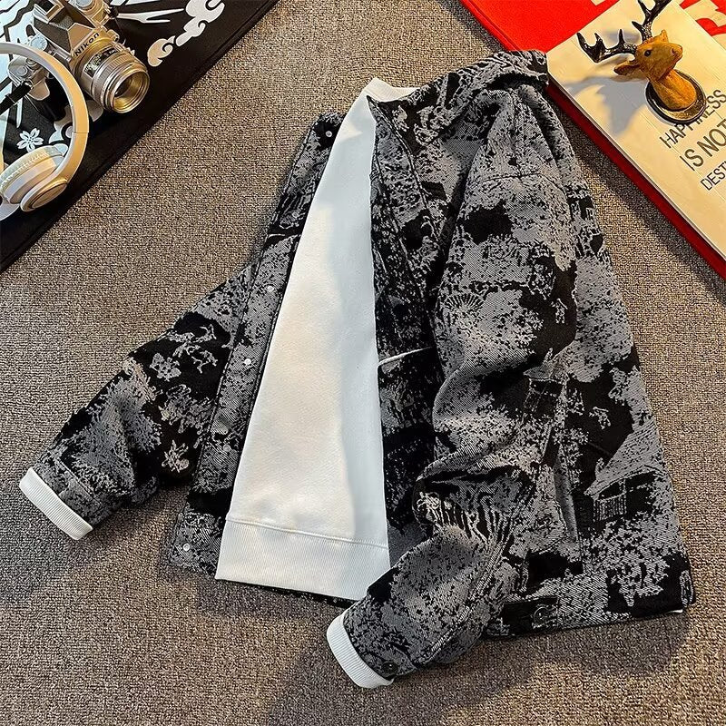 Herren Denimjacke mit kreativem Allover-Print Echoarchiv