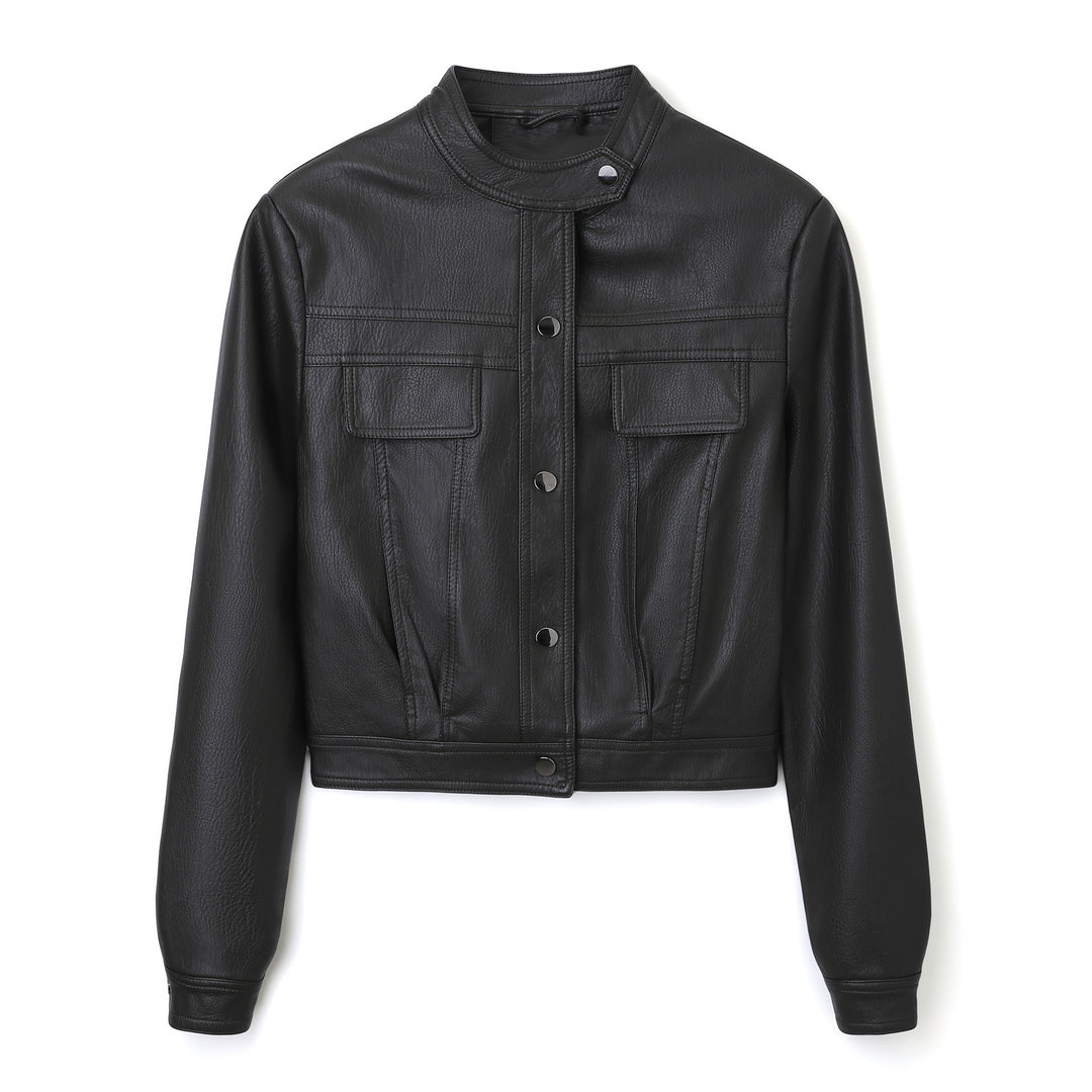 Damen Kurz geschnittene Lederjacke mit Stehkragen und Pattentaschen Echoarchiv