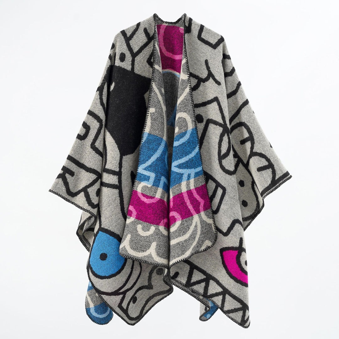 Damen Reversibler Strickponcho im Kuschel‑Umhang mit grafischem Jacquard – Veloura