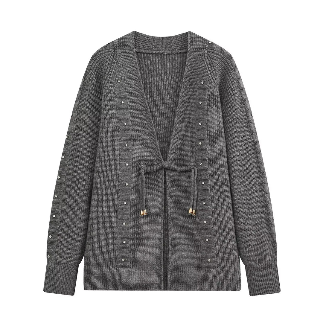 Damen Grobgestrickter Longcardigan mit Ziersteinen und Kordelbindung Echo Archiv