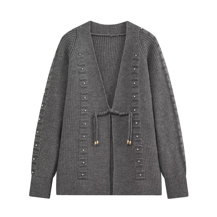 Damen Grobgestrickter Longcardigan mit Ziersteinen und Kordelbindung Echo Archiv