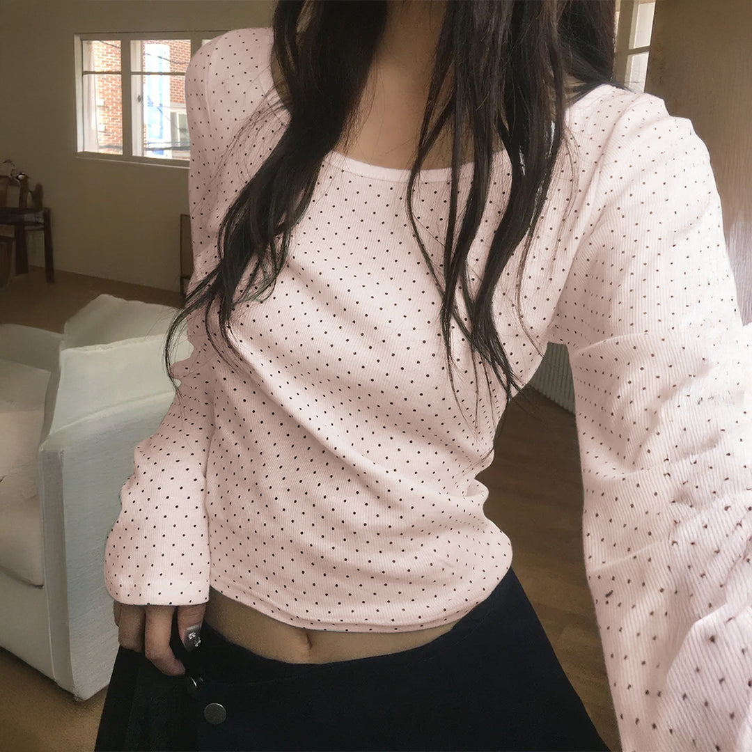 Damen nan geripptes Crop-Longsleeve mit feinem Pünktchenmuster und U-Ausschnitt Echo Archiv