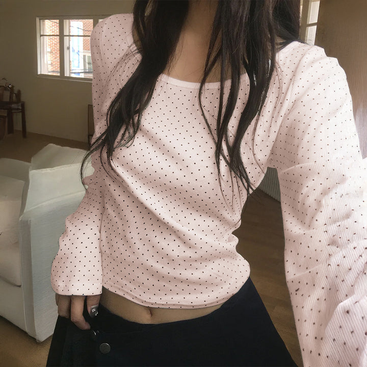 Damen nan geripptes Crop-Longsleeve mit feinem Pünktchenmuster und U-Ausschnitt Echo Archiv
