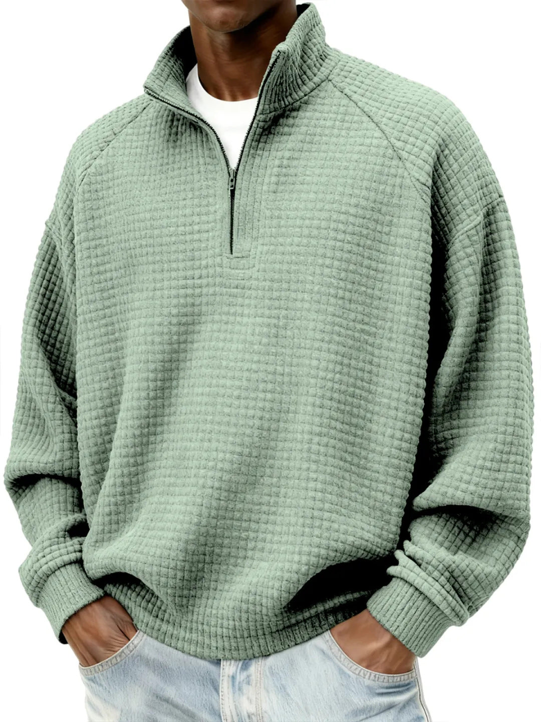 Herren Waffelstrick-Oversize-Pullover mit Halbreißverschluss und Stehkragen Echoarchiv