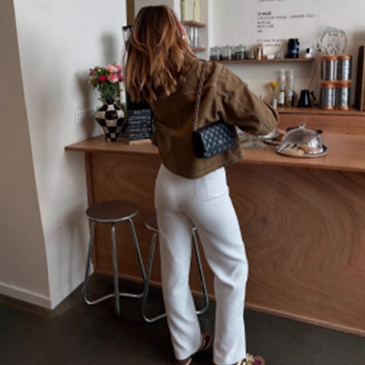 Damen Boxy-Veloursleder-Blouson mit Kontrastnähten und frontalem Reißverschluss Echoarchiv