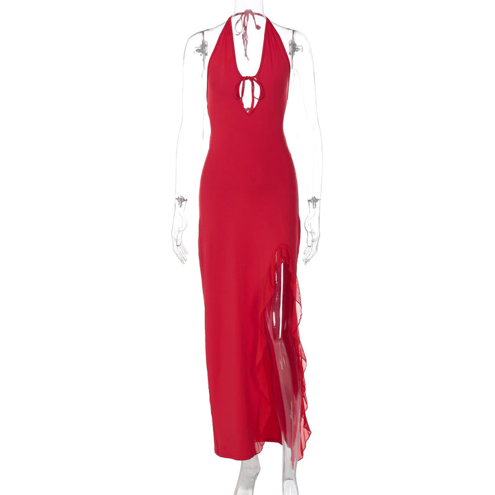 Damen elegantes Halterneck Maxikleid mit seitlichem Rüschen-Schlitz und tiefem V-Ausschnitt Echo Archiv