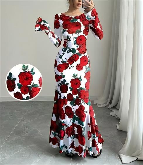 Damen nan eng anliegendes Maxikleid mit Meerjungfrauen-Schnitt, langen Glockenärmeln und Rüschensaum Echo Archiv