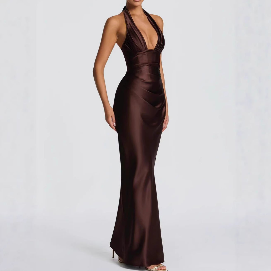 Damen Elegantes langes Abendkleid mit tiefem V-Ausschnitt – Élara
