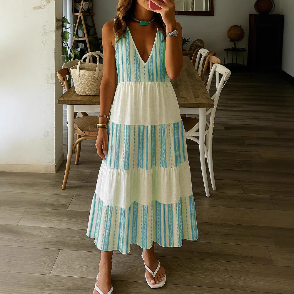Damen Sommerliches Maxikleid mit tiefem V-Ausschnitt und breitem Rock Echo Archiv