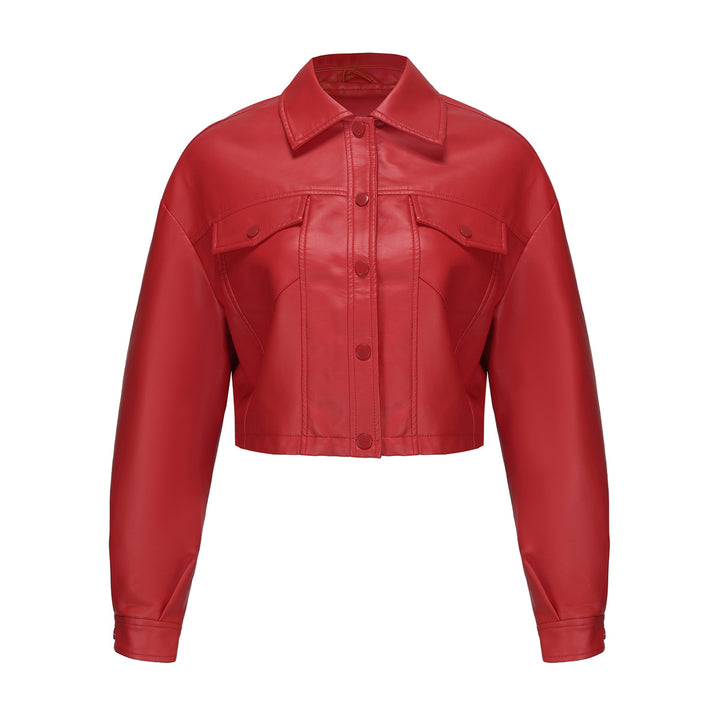 Damen nan kurze Oversized-Kunstlederjacke im Trucker-Stil mit Pattentaschen und verdeckter Druckknopfleiste Echo Archiv