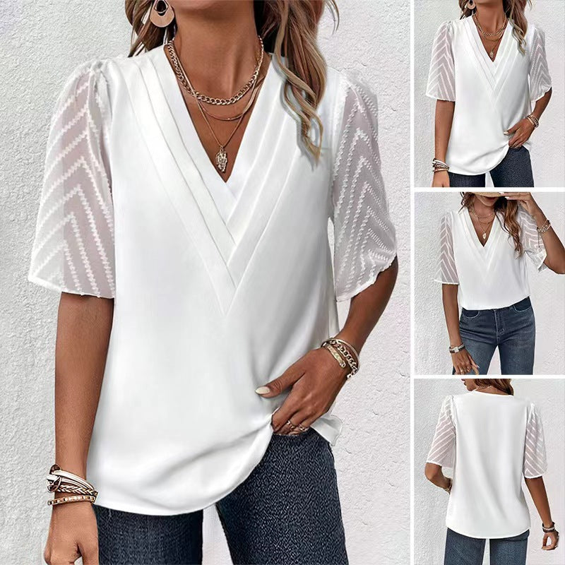 Damen nan elegantes Chiffon-Oberteil mit plissierter V-Passe und transparenten Zickzackärmeln Echo Archiv