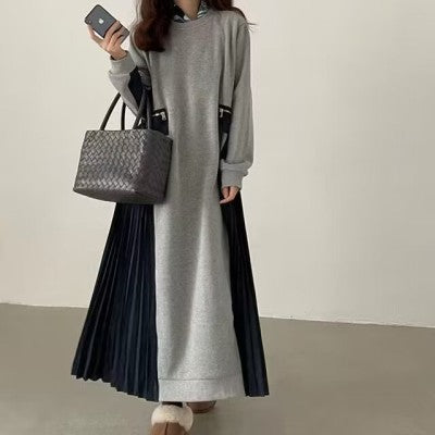 Damen Langes Oversize-Sweatkleid mit Rundhalsausschnitt, plissierten Seiteneinsätzen und Eingrifftaschen – Valéora