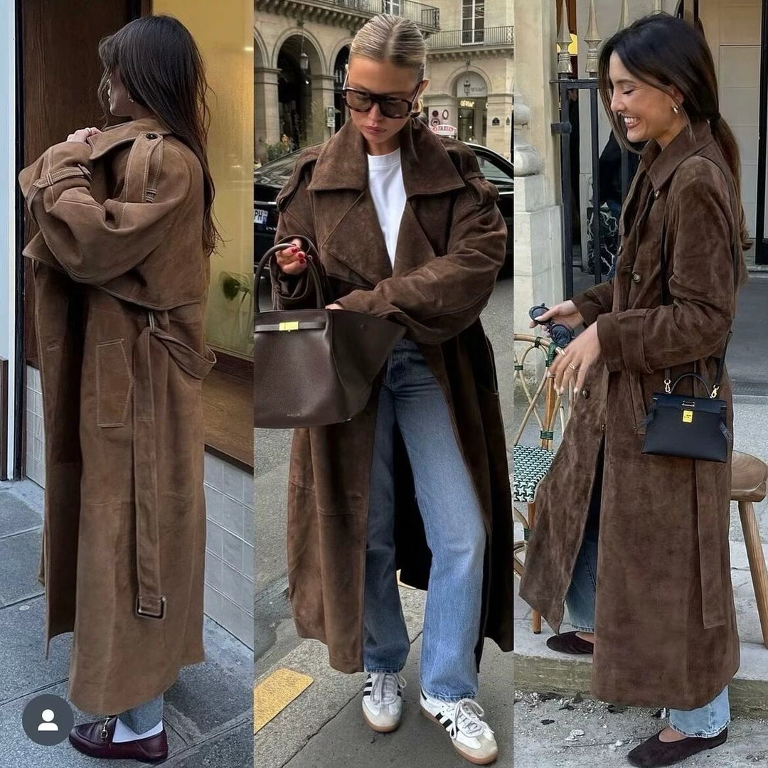 Damen Langer Oversize-Veloursleder-Trenchcoat mit Bindegürtel und Schulterriegeln Echo Archiv