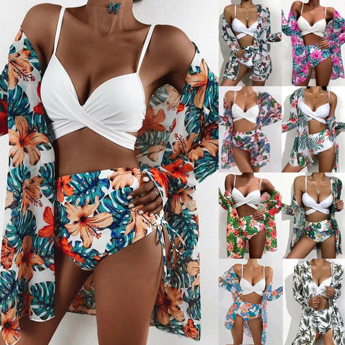 Damen Bikini-Set mit hochgeschnittenem Slip und floralem Kimono Echo Archiv