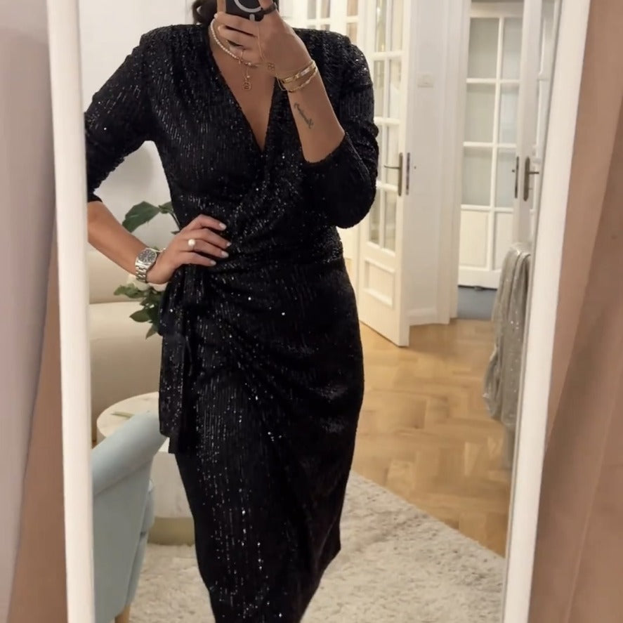 Damen Glamouröses Pailletten-Kleid mit Wickeloptik und langen Ärmeln Echo Archiv