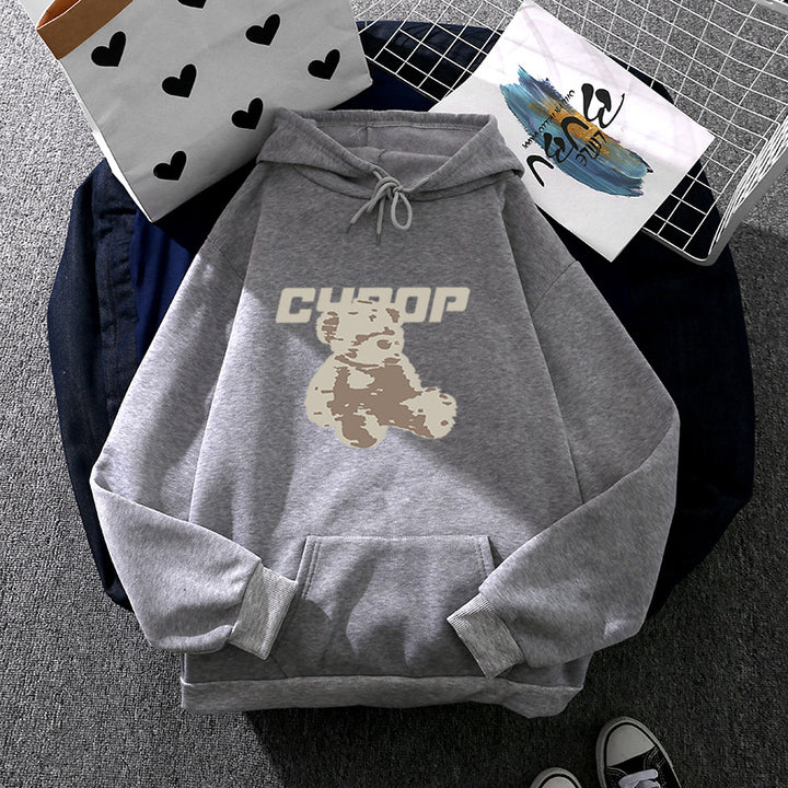 Damen Oversize-Kapuzenpullover mit Kängurutasche, vintage-inspirierter Teddy-Print und weichem French-Terry-Futter – Auréline