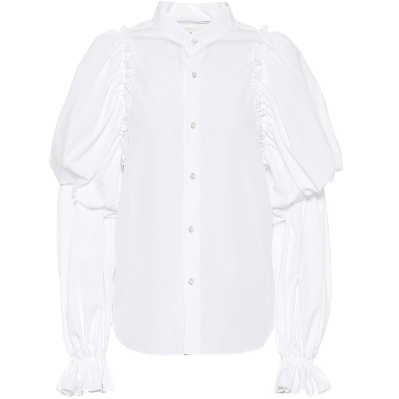 Damen Puffärmel-Bluse mit Stehkragen und Volantmanschtten – Avérine