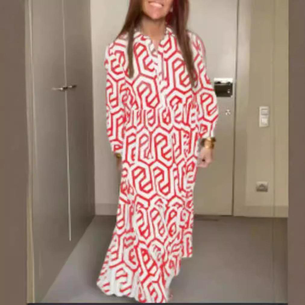 Damen nan langes Hemdkragen-Stufenkleid mit geometrischem Alloverprint und geraffter Taillenpasse Echo Archiv
