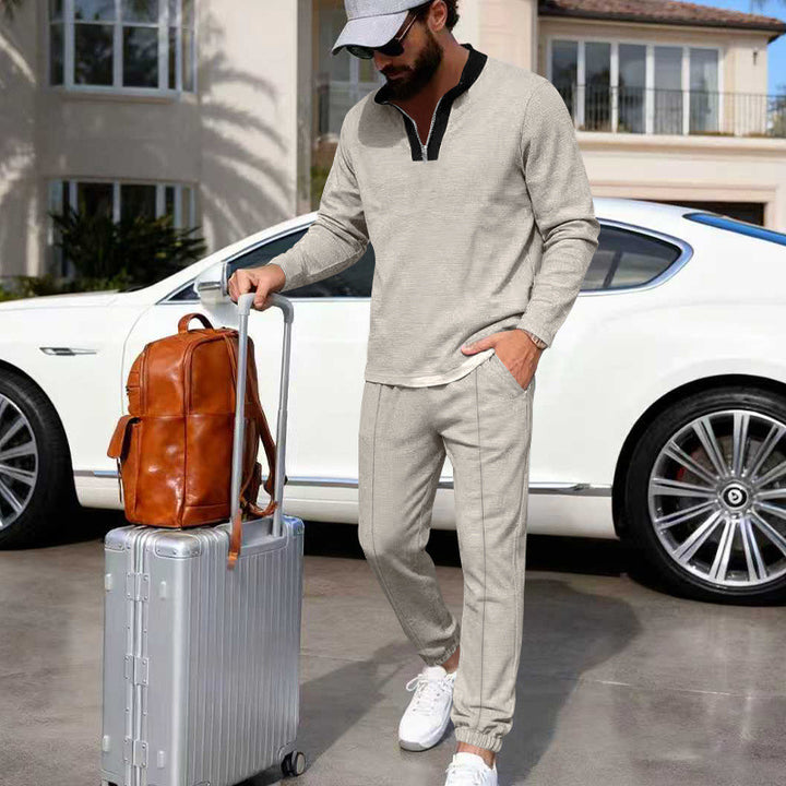 Herren Leichtes Henley-Loungewear-Set mit Kontrastkragen, Tunnelzug-Jogger und elastischen Bündchen – Marzano